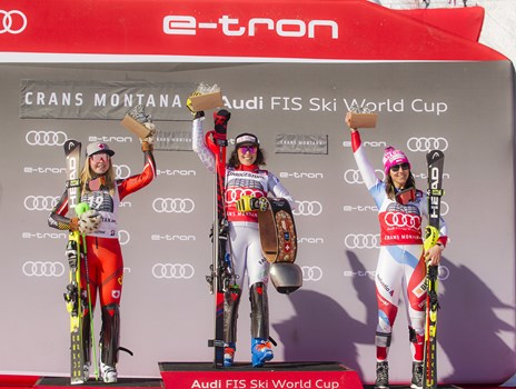 The Podium of the Alpine Combined 24.02.: 1st Federica Brignone ITA, 2nd Roni Remme CAN and 3rd Wendy Holdener SUI