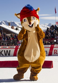 Foxy, das Maskottchen der Kandidatur Crans-Montana/Wallis 2025